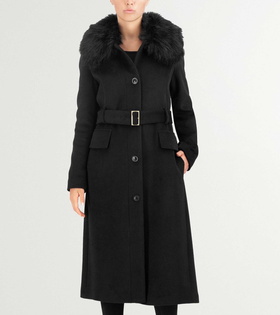 Women Cole Haan Jackets & Coats | Women'S Long Button Up Coat With Removable Collar Black