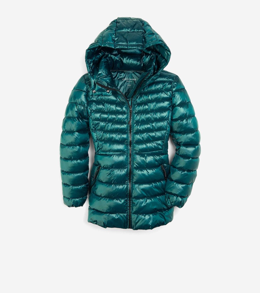 Women Cole Haan Jackets & Coats | Women'S Quilted Pearl Faux Down Jacket With Removable Hood Emerald