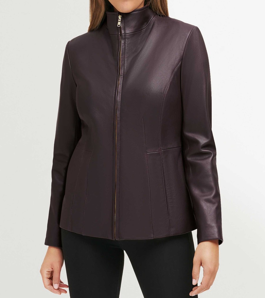 Women Cole Haan Jackets & Coats | Women'S Wing Collar Leather Jacket Chianti