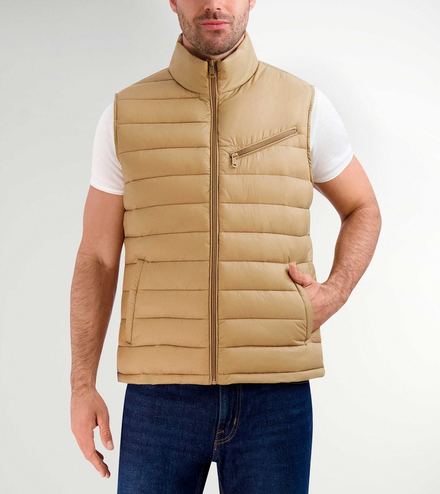 Men Cole Haan Coats & Jackets | Men'S Zip Front Quilted Vest Sand