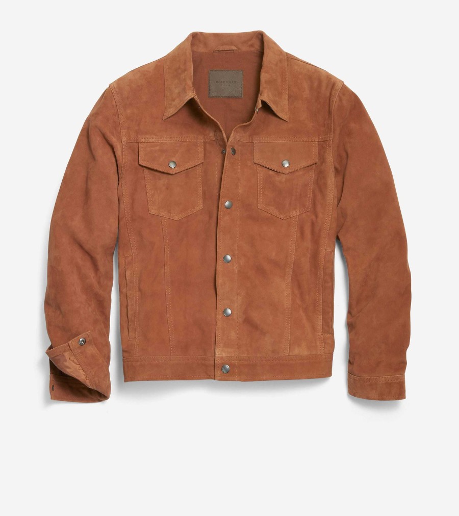 Men Cole Haan Coats & Jackets | Men'S Suede Trucker Jacket Cognac