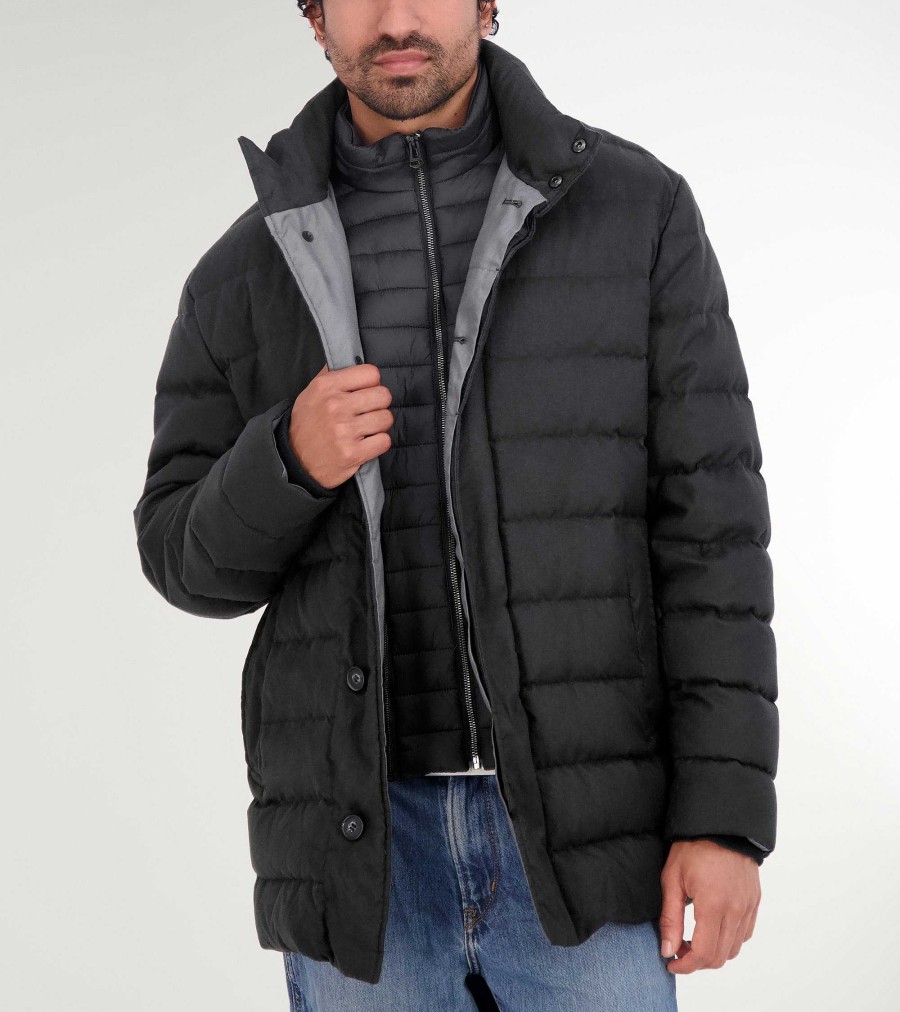 Men Cole Haan Coats & Jackets | Men'S Quilted Flannel Down Topper Charcoal