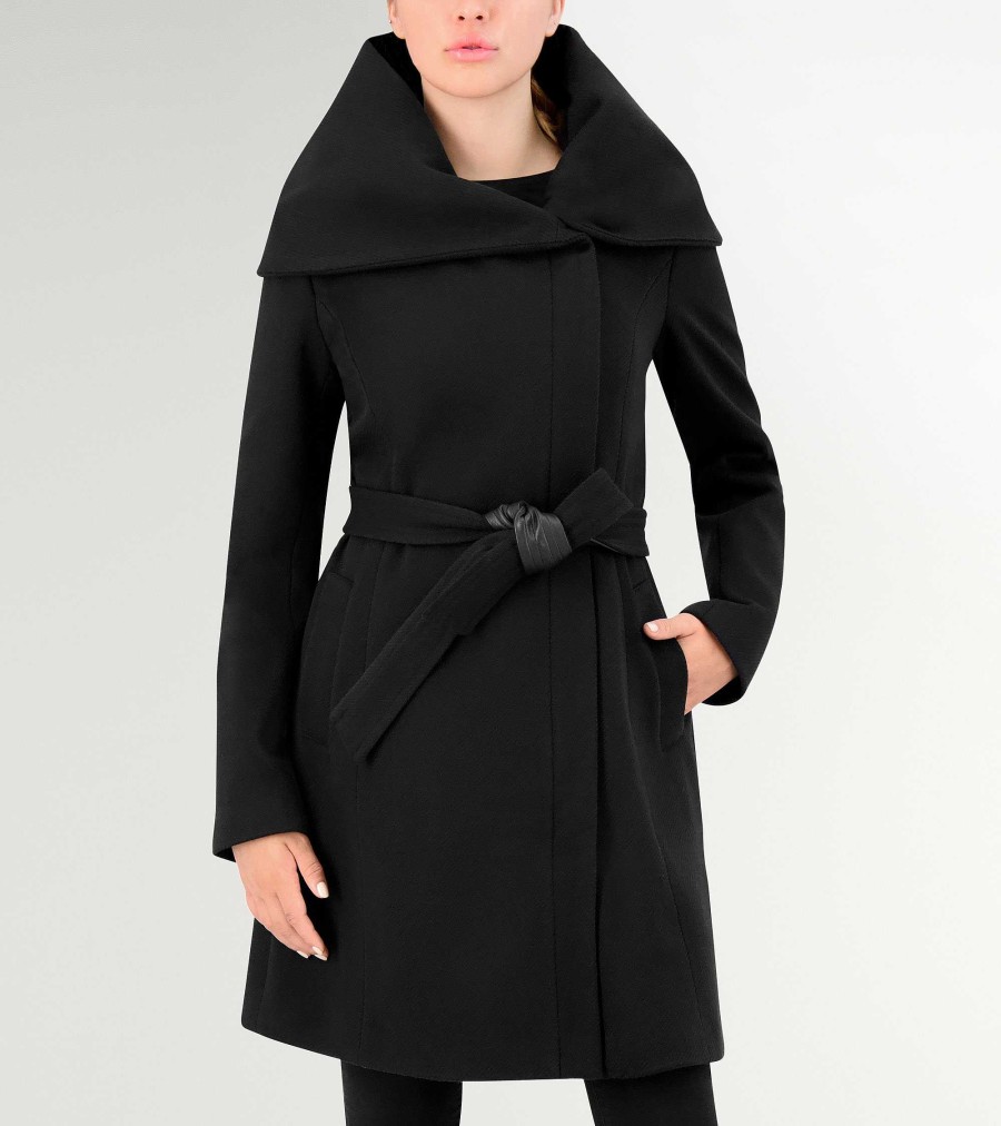 Women Cole Haan Jackets & Coats | Women'S Belted Aysmmetrical Zip Front Twill Coat Black