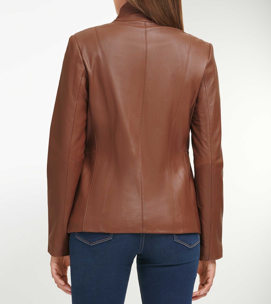 Women Cole Haan Jackets & Coats | Women'S Wing Collar Leather Jacket Hickory