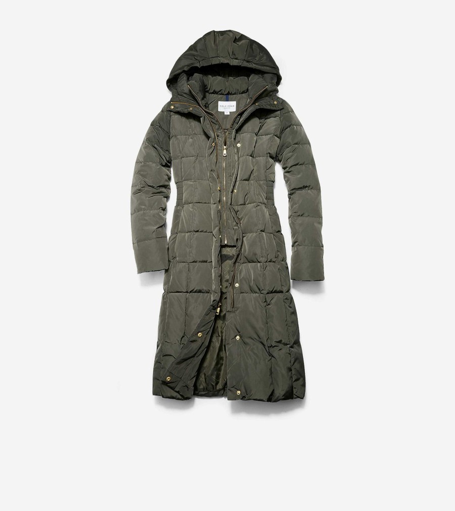 Women Cole Haan Jackets & Coats | Women'S 40" Signature Hooded Taffeta Down Coat Forest