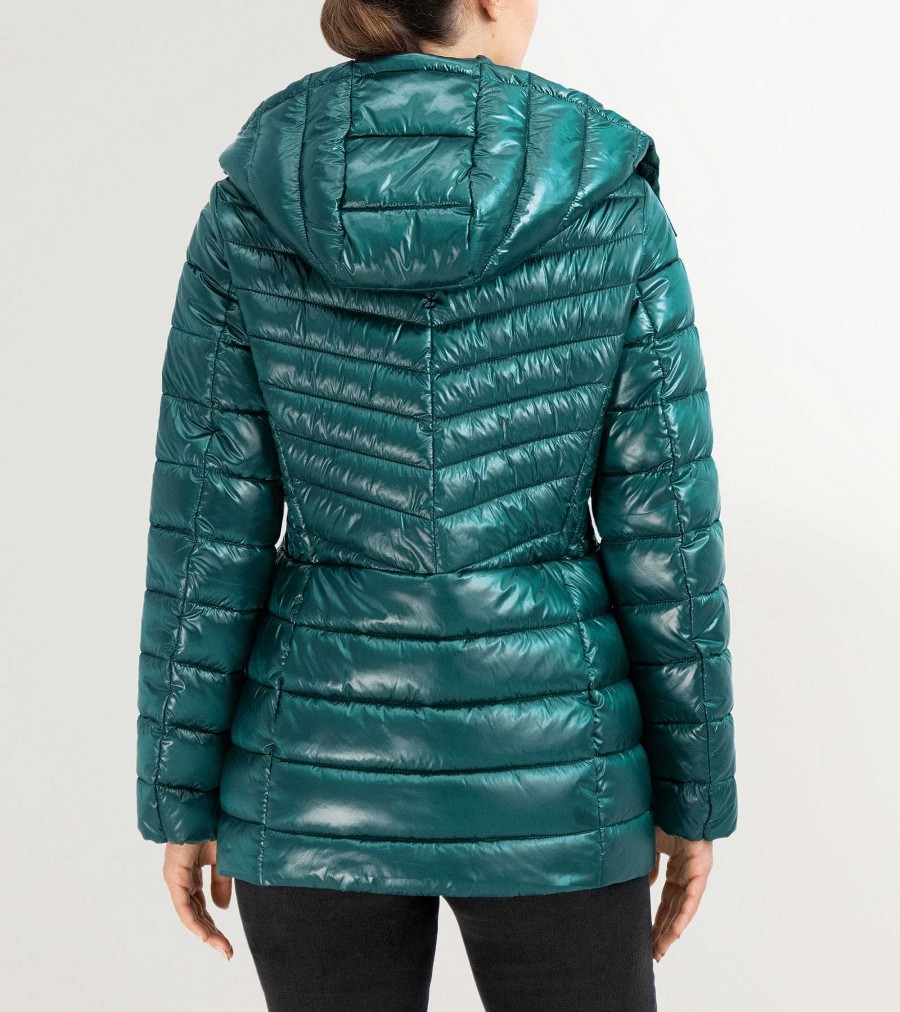 Women Cole Haan Jackets & Coats | Women'S Quilted Pearl Faux Down Jacket With Removable Hood Emerald