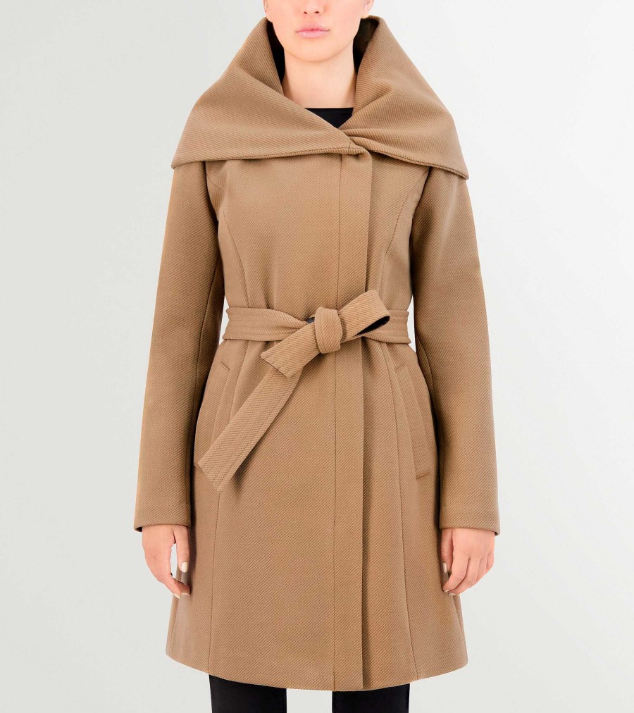 Women Cole Haan Jackets & Coats | Women'S Belted Asymmetrical Zip Front Twill Coat Beige