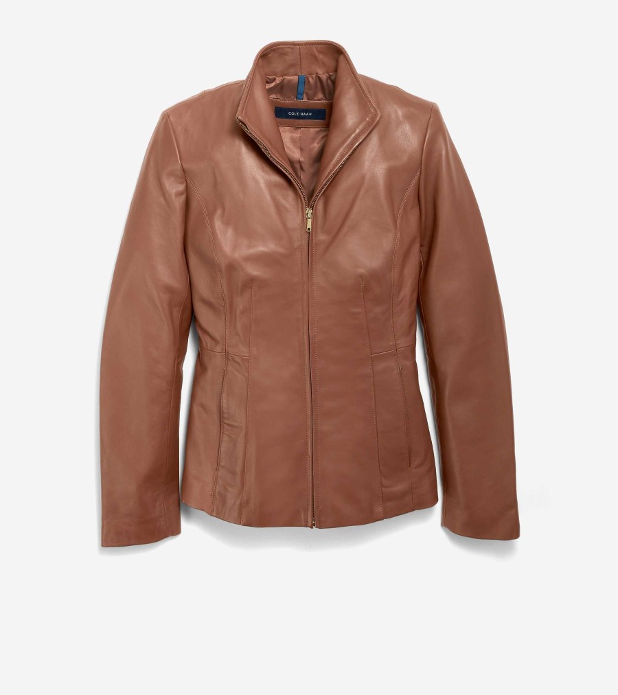 Women Cole Haan Jackets & Coats | Women'S Wing Collar Leather Jacket Hickory