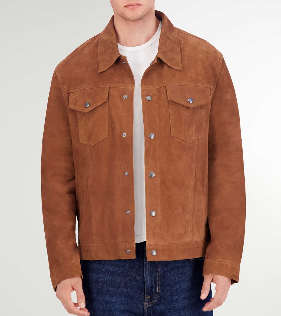 Men Cole Haan Coats & Jackets | Men'S Suede Trucker Jacket Cognac