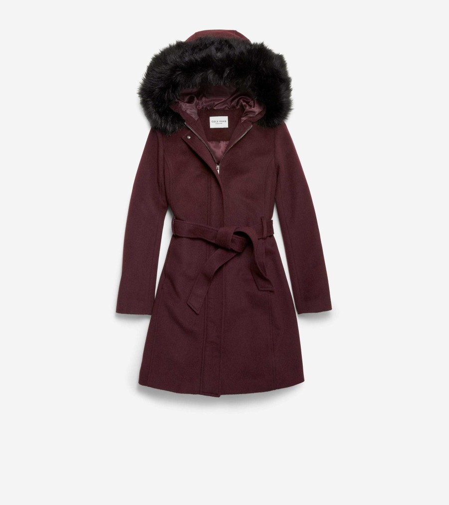 Women Cole Haan Jackets & Coats | Women'S Slick Wool Hooded Coat Bordeaux