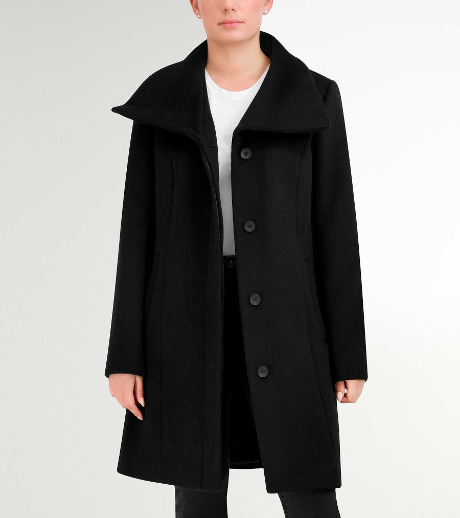 Women Cole Haan Jackets & Coats | Women'S Convertible Collar Button-Up Coat Black