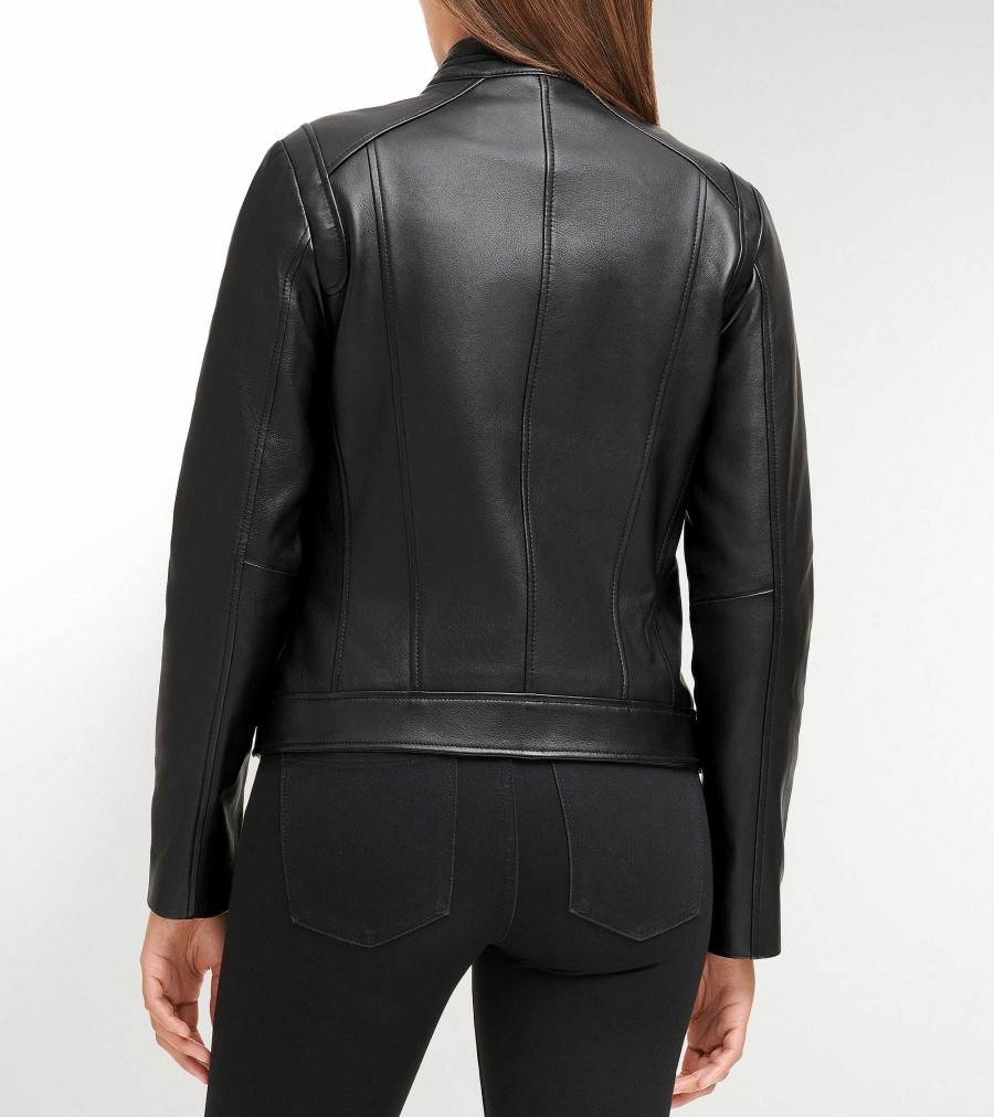 Women Cole Haan Jackets & Coats | Women'S Lambskin Leather Jacket Black