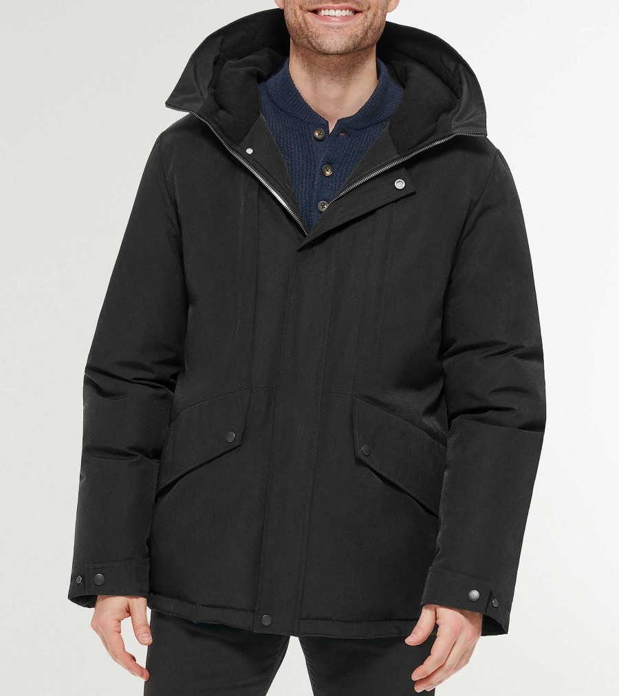 Men Cole Haan Coats & Jackets | Men'S Hooded Puffer Jacket Black