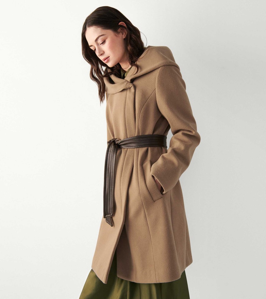 Women Cole Haan Jackets & Coats | Women'S Belted Asymmetrical Zip Front Twill Coat Beige