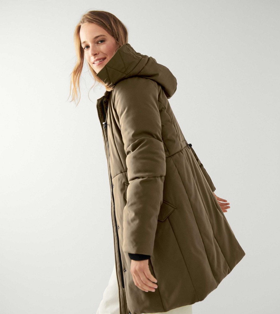 Women Cole Haan Jackets & Coats | Women'S Water Resistant Stretch Twill Parka Light Olive