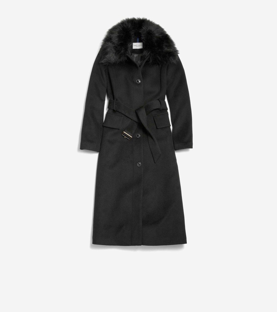 Women Cole Haan Jackets & Coats | Women'S Long Button Up Coat With Removable Collar Black