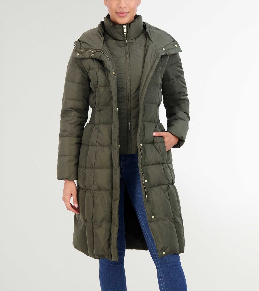 Women Cole Haan Jackets & Coats | Women'S 40" Signature Hooded Taffeta Down Coat Forest