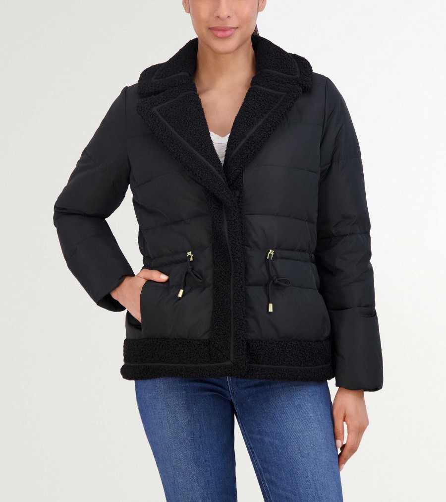 Women Cole Haan Jackets & Coats | Women'S Taffeta Down Jacket With Faux Fur Black