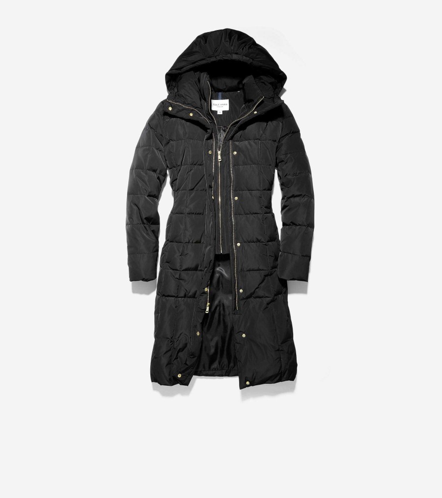 Women Cole Haan Jackets & Coats | Women'S Signature 40" Taffeta Down Coat With Hood Black