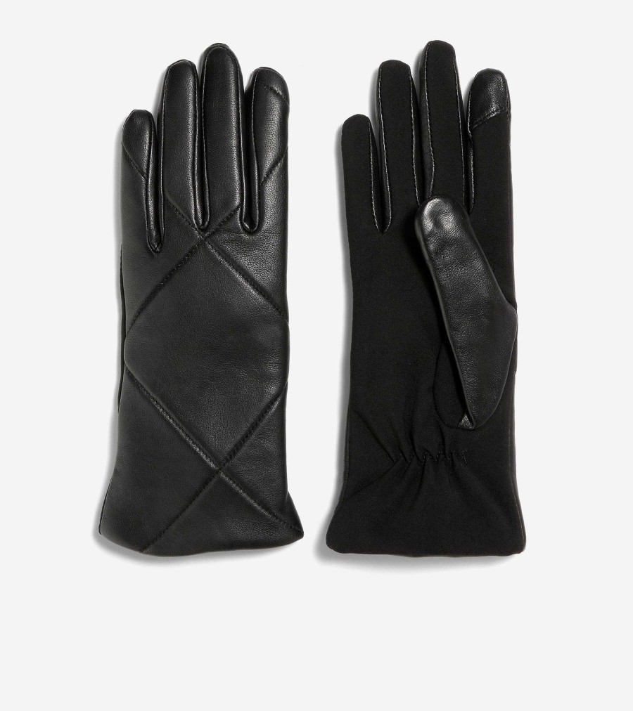 Women Cole Haan Hats, Gloves, & Scarves | Quilted Leather Glove With Stretch Palm Black