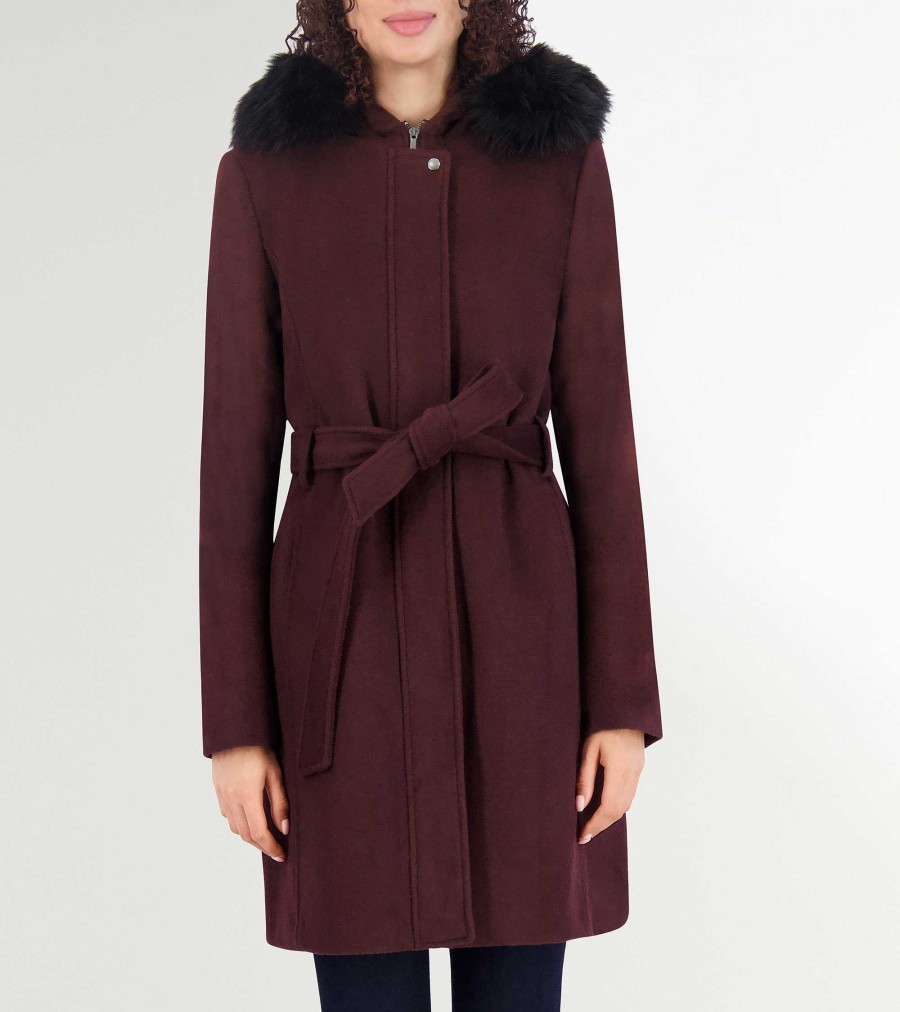 Women Cole Haan Jackets & Coats | Women'S Slick Wool Hooded Coat Bordeaux