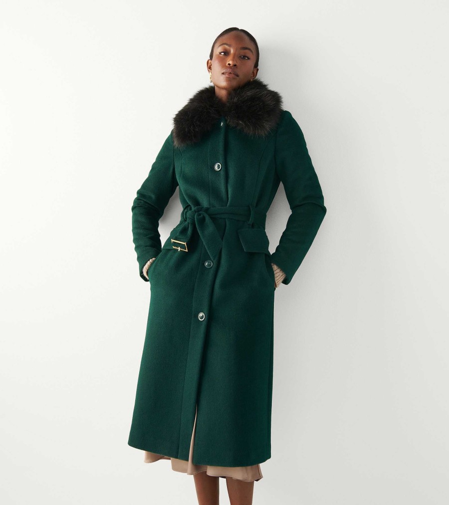 Women Cole Haan Jackets & Coats | Women'S Long Button Up Coat With Removable Collar Forest