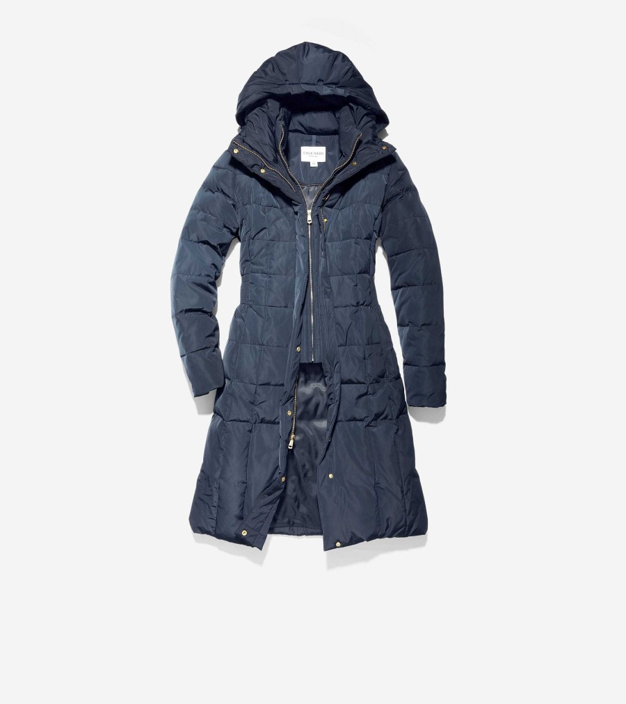 Women Cole Haan Jackets & Coats | Women'S 40" Signature Hooded Taffeta Down Coat Navy