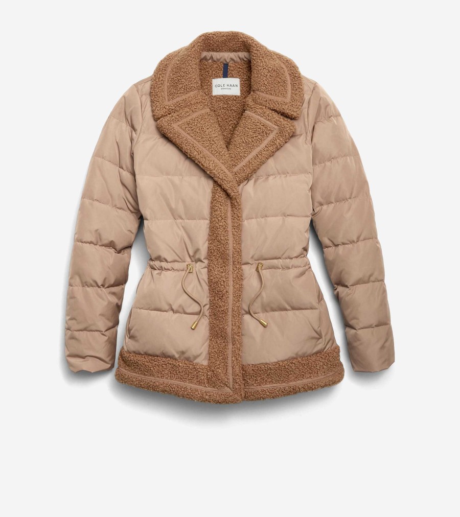 Women Cole Haan Jackets & Coats | Women'S Taffeta Down Jacket With Faux Fur Sand