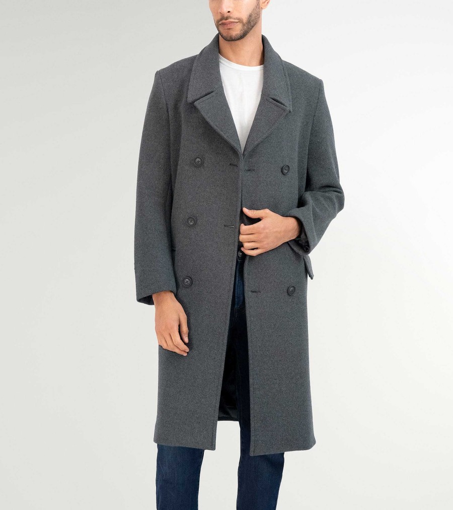 Men Cole Haan Coats & Jackets | Men'S Double Breasted Stretch Wool Coat Charcoal