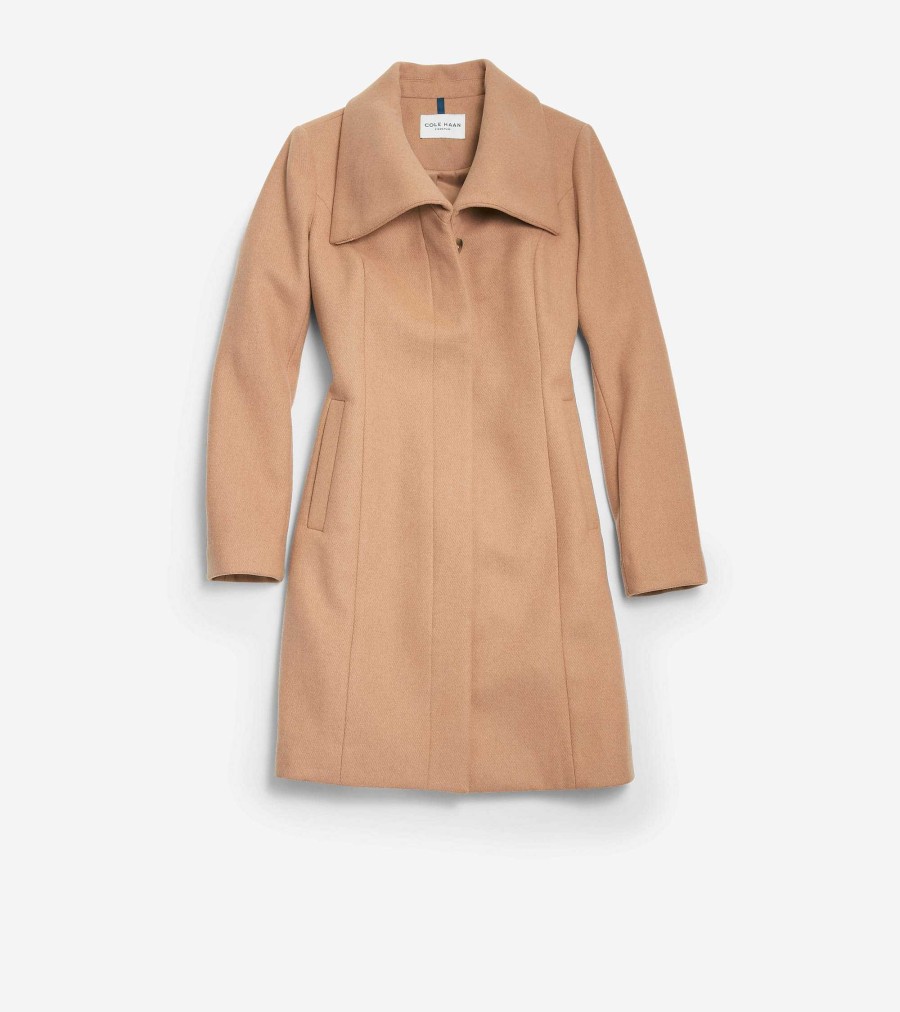 Women Cole Haan Jackets & Coats | Women'S Convertible Collar Button-Up Coat Camel