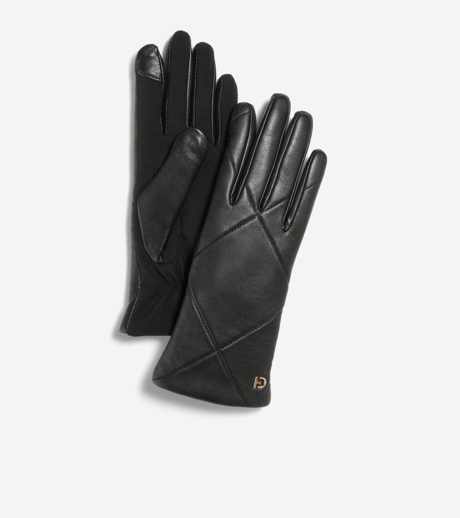 Women Cole Haan Hats, Gloves, & Scarves | Quilted Leather Glove With Stretch Palm Black