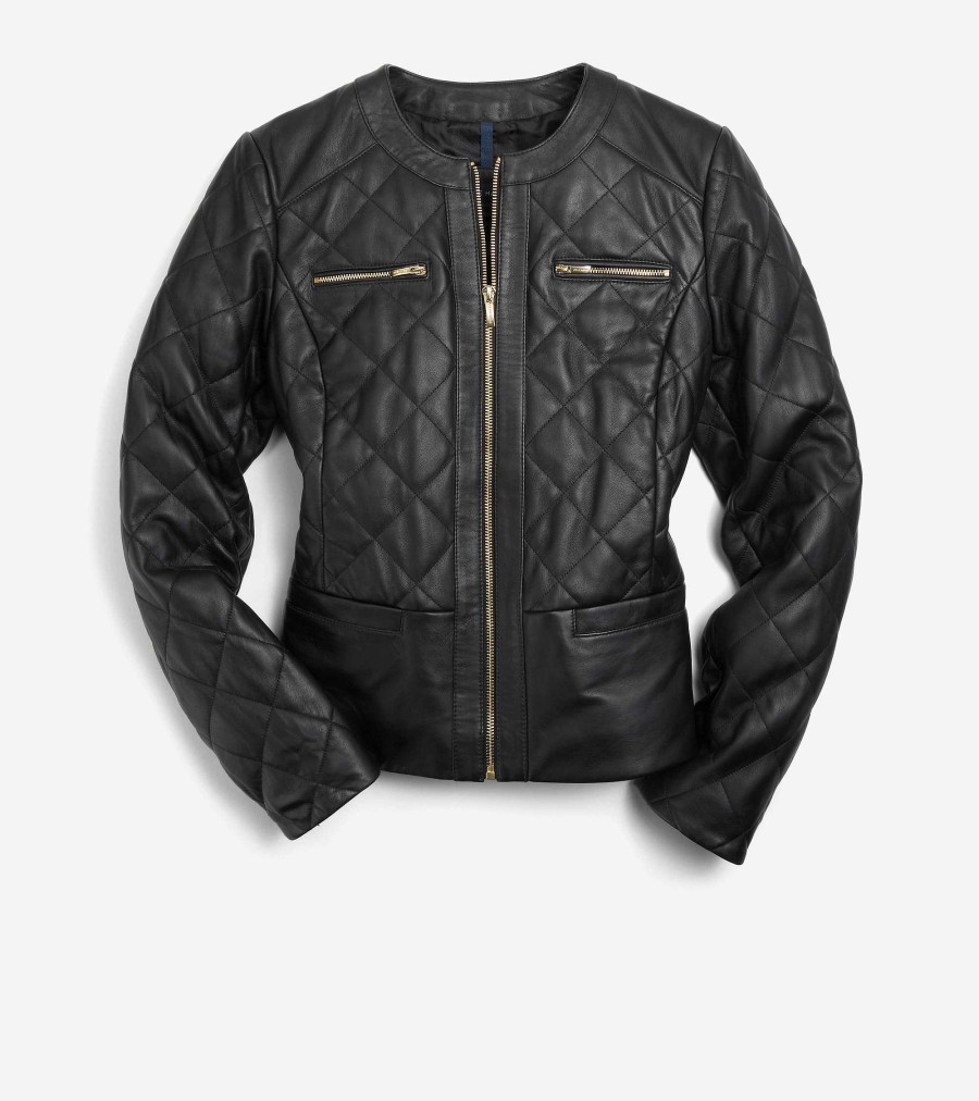 Women Cole Haan Jackets & Coats | Women'S Collarless Quilted Leather Jacket Black