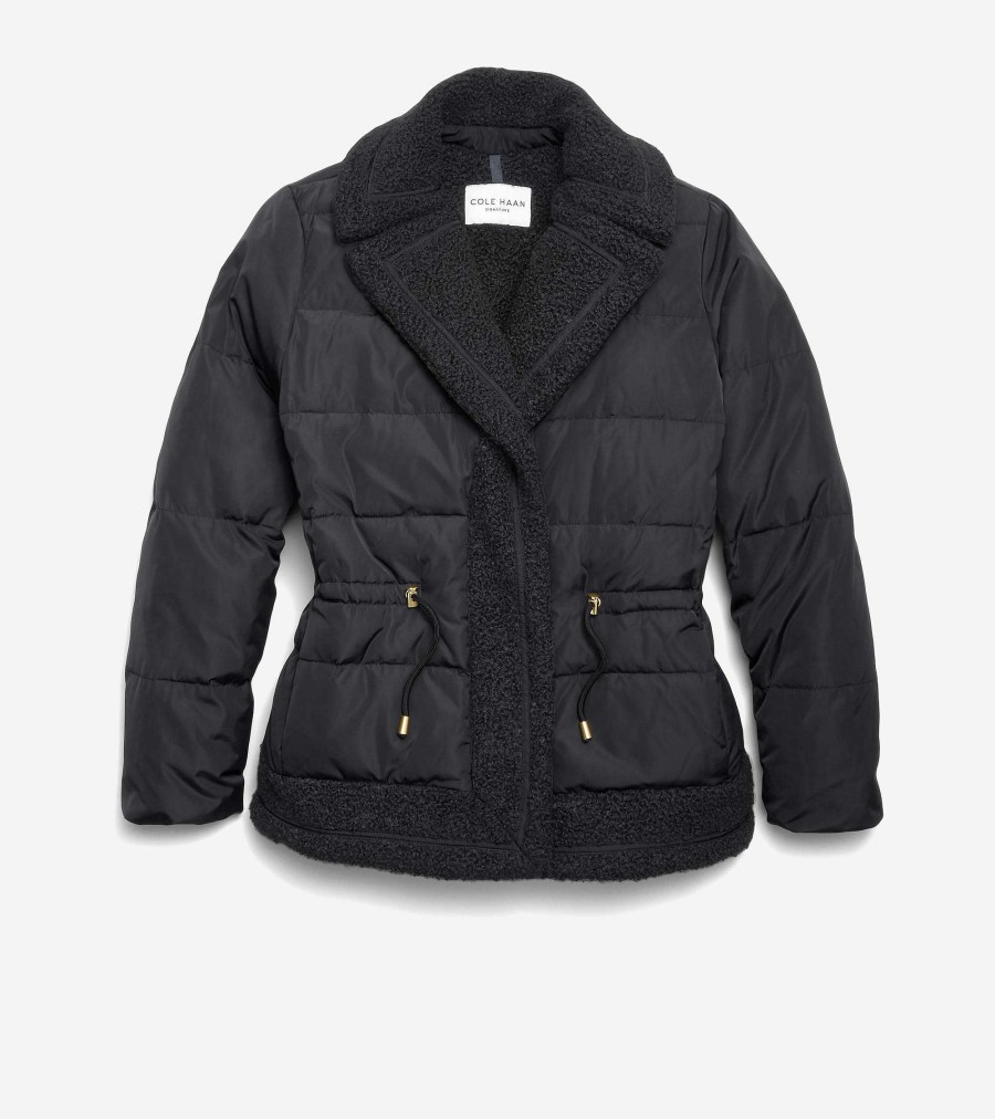 Women Cole Haan Jackets & Coats | Women'S Taffeta Down Jacket With Faux Fur Black