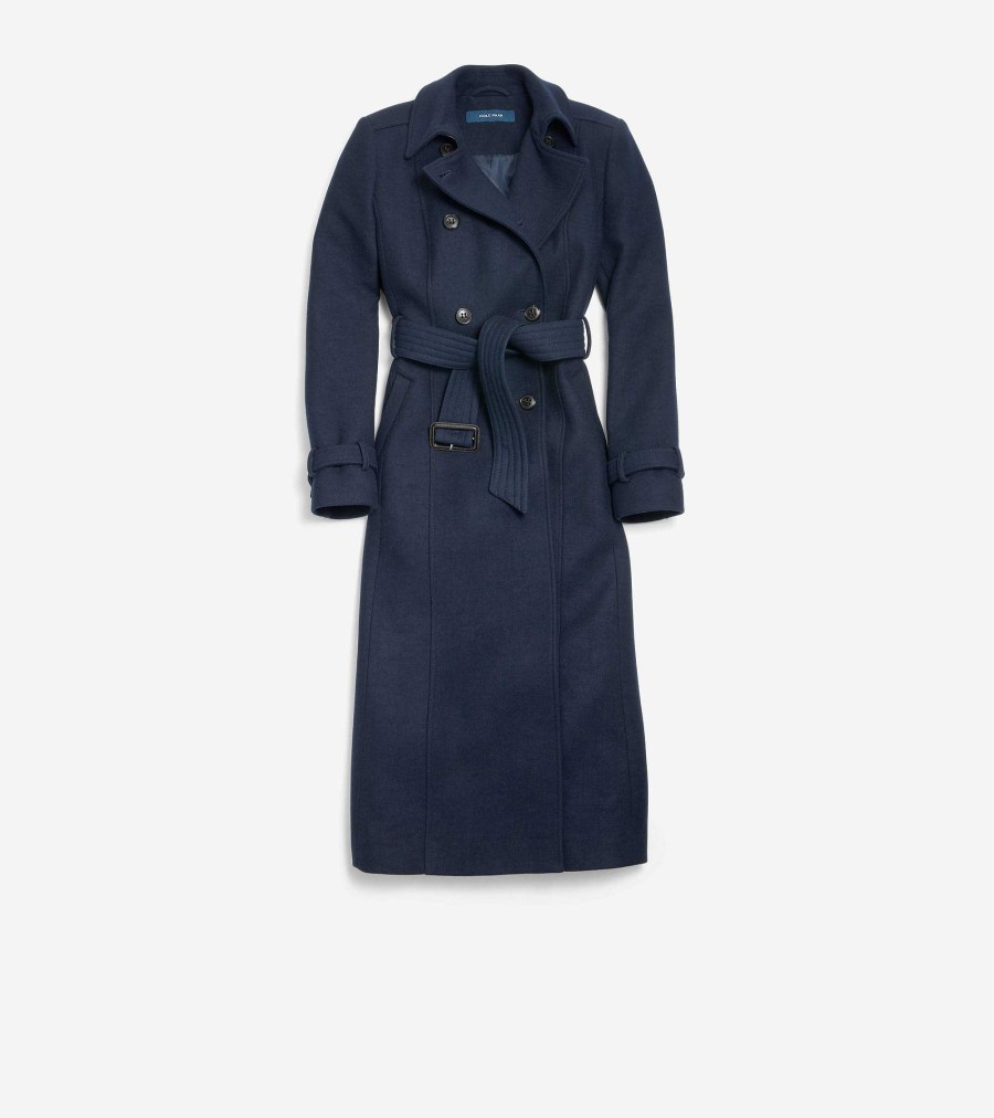 Women Cole Haan Jackets & Coats | Women'S Flared Trench Coat Navy