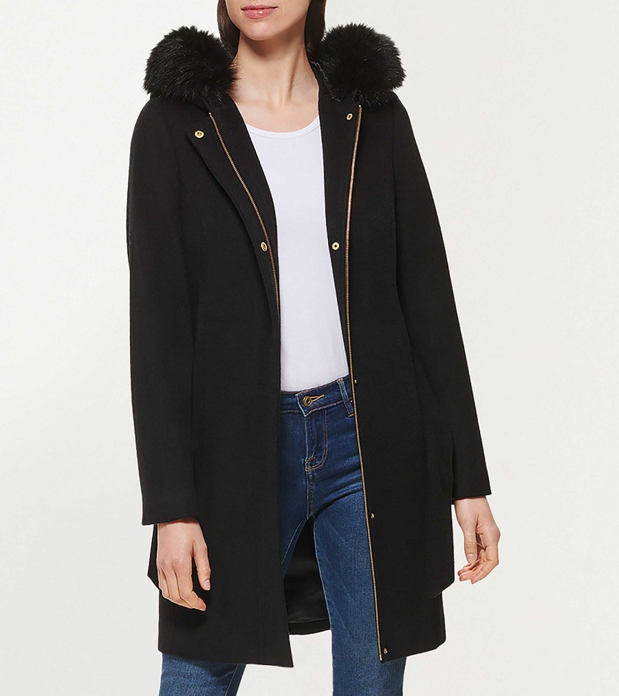 Women Cole Haan Jackets & Coats | Women'S 36" Slick Wool Hooded Coat Black