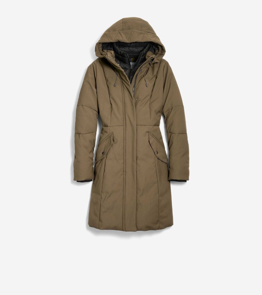 Women Cole Haan Jackets & Coats | Women'S Water Resistant Stretch Twill Parka Light Olive