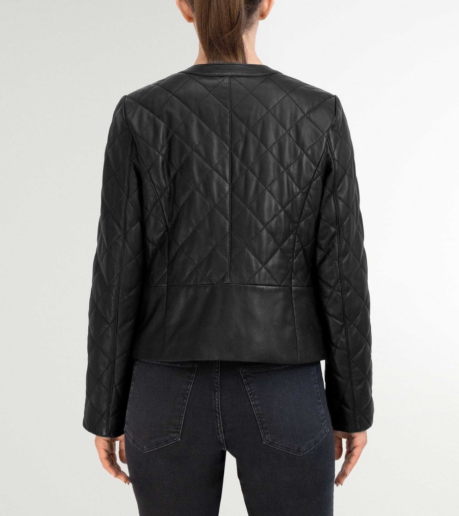 Women Cole Haan Jackets & Coats | Women'S Collarless Quilted Leather Jacket Black