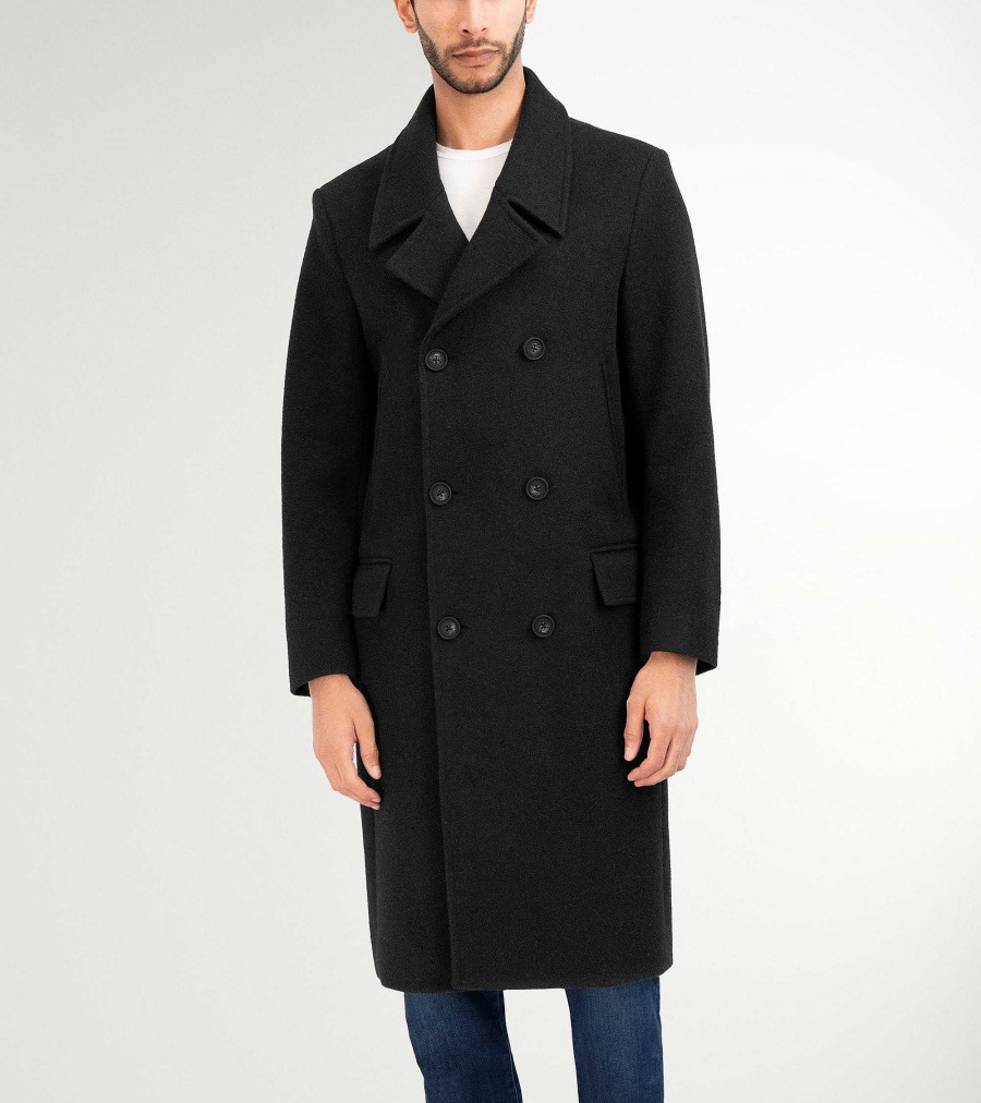 Men Cole Haan Coats & Jackets | Men'S Double Breasted Stretch Wool Coat Black