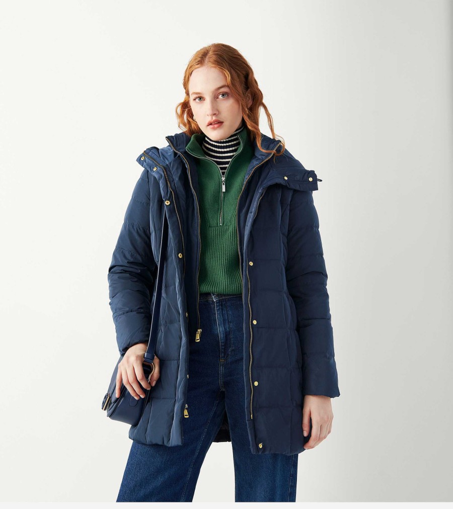 Women Cole Haan Jackets & Coats | Women'S 40" Signature Hooded Taffeta Down Coat Navy