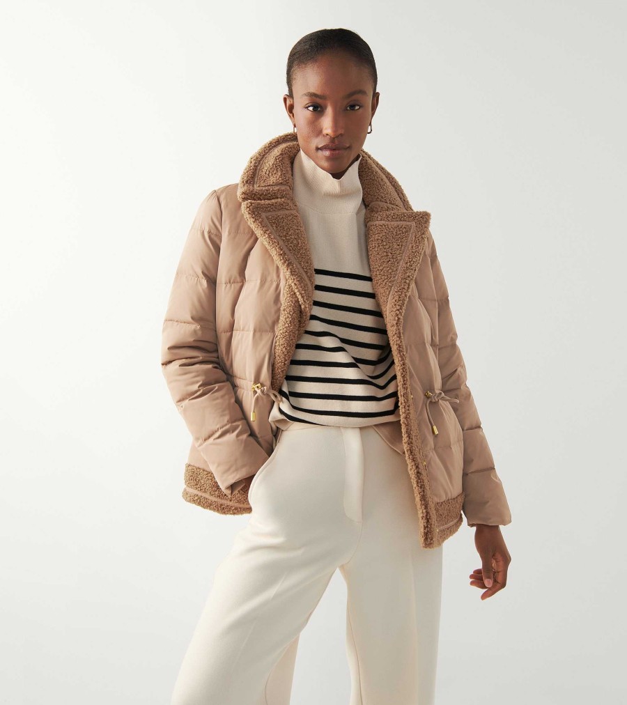 Women Cole Haan Jackets & Coats | Women'S Taffeta Down Jacket With Faux Fur Sand