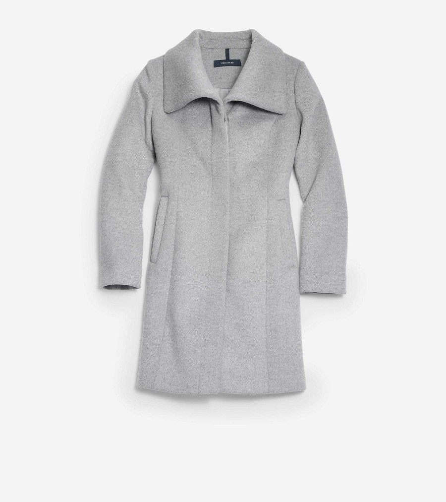 Women Cole Haan Jackets & Coats | Women'S Convertible Collar Button-Up Coat Light Grey