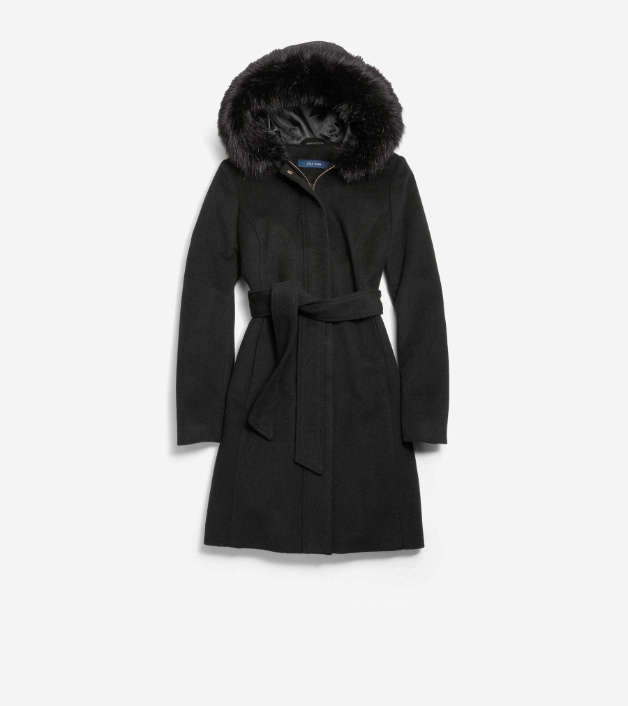 Women Cole Haan Jackets & Coats | Women'S 36" Slick Wool Hooded Coat Black