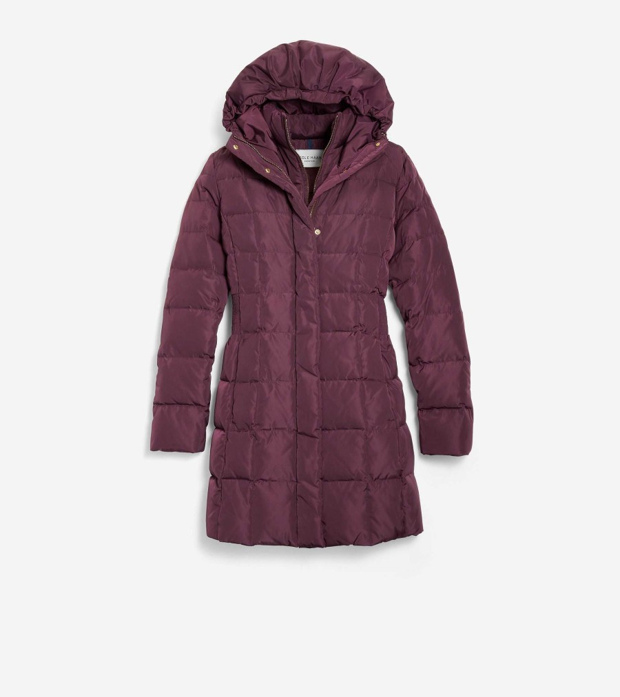 Women Cole Haan Jackets & Coats | Women'S 32" Signature Hooded Taffeta Down Coat Merlot