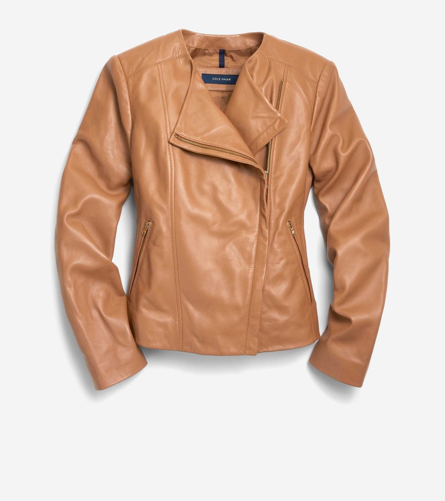 Women Cole Haan Jackets & Coats | Women'S Asymmetrical Leather Jacket Hazelnut