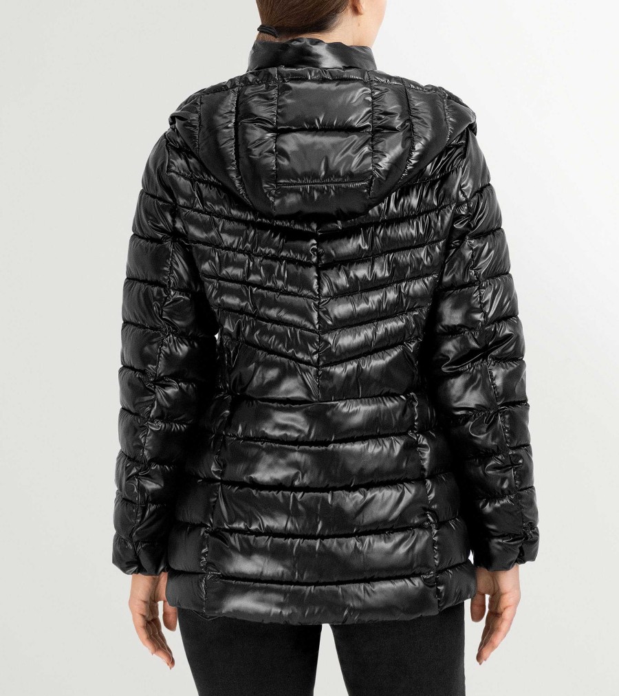 Women Cole Haan Jackets & Coats | Women'S Quilted Pearl Faux Down Jacket With Removable Hood Black