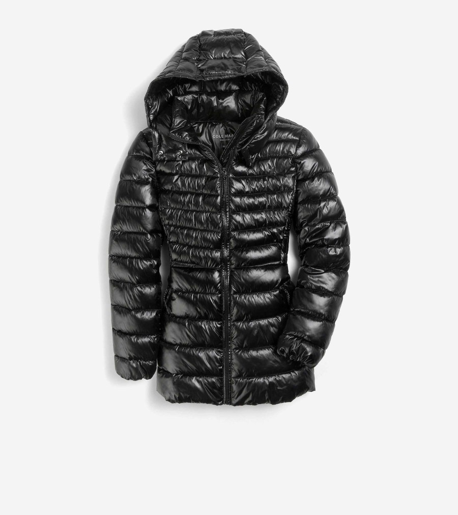 Women Cole Haan Jackets & Coats | Women'S Quilted Pearl Faux Down Jacket With Removable Hood Black