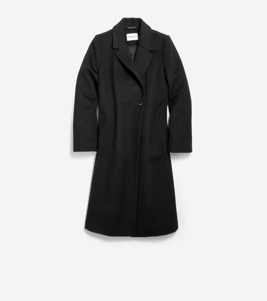 Women Cole Haan Jackets & Coats | Women'S Slick Wool Asymmetric Coat Black