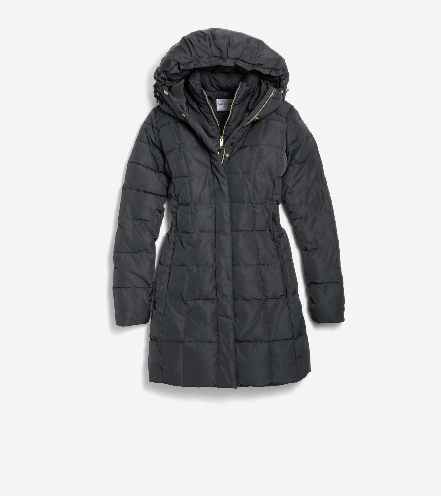 Women Cole Haan Jackets & Coats | Women'S 32" Signature Hooded Taffeta Down Coat Black