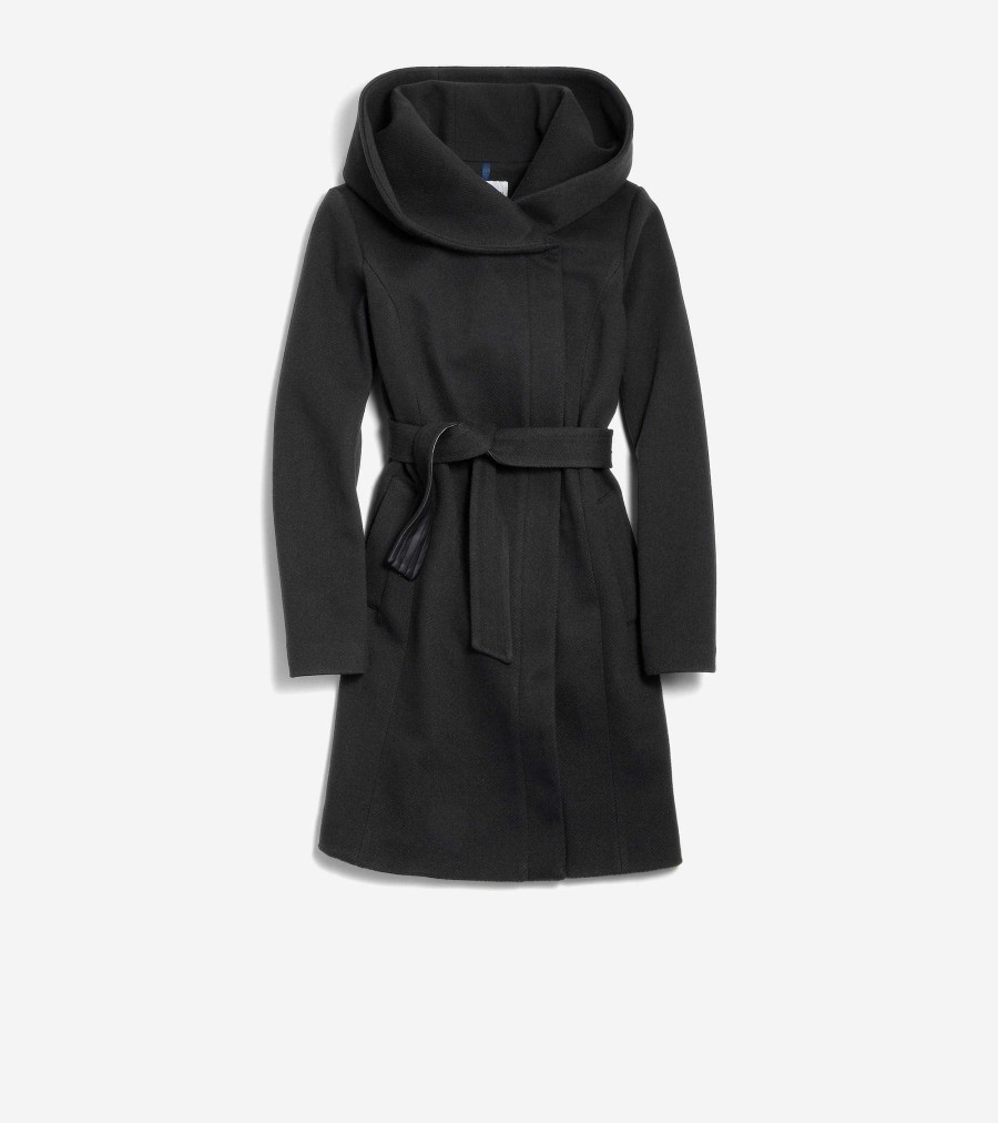 Women Cole Haan Jackets & Coats | Women'S Belted Aysmmetrical Zip Front Twill Coat Black