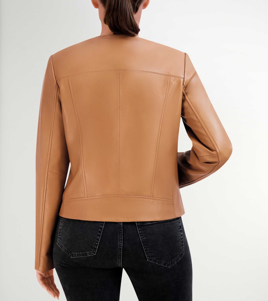 Women Cole Haan Jackets & Coats | Women'S Asymmetrical Leather Jacket Hazelnut